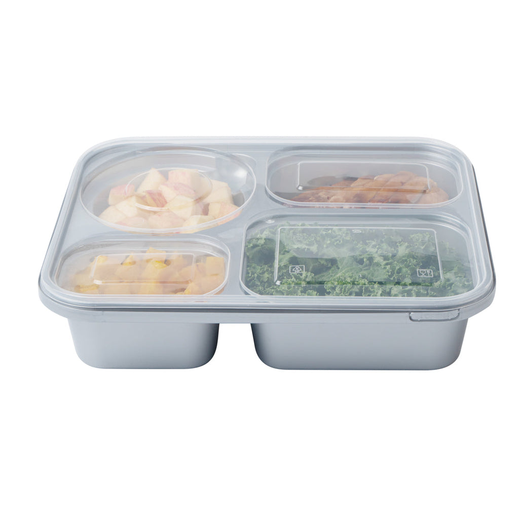 Futura 57 oz Silver Plastic Tamper-Evident 4-Compartment Container - with Clear Lid, Microwavable - 9 3/4" x 7 3/4" x 2" - 100 count box
