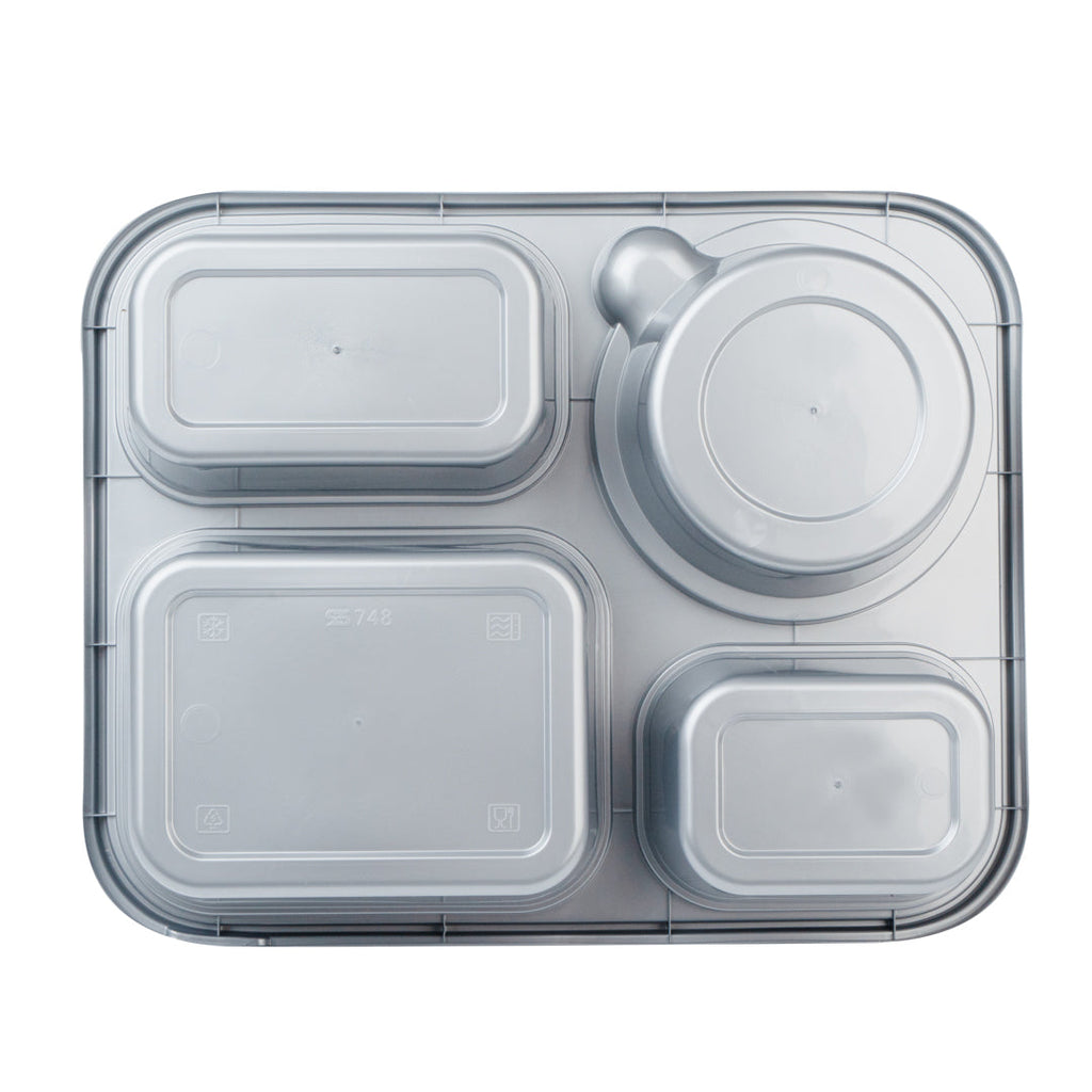 Futura 57 oz Silver Plastic Tamper-Evident 4-Compartment Container - with Clear Lid, Microwavable - 9 3/4" x 7 3/4" x 2" - 100 count box