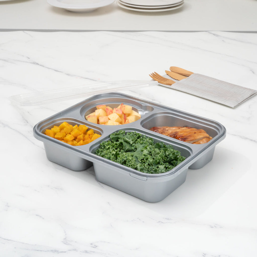 Futura 57 oz Silver Plastic Tamper-Evident 4-Compartment Container - with Clear Lid, Microwavable - 9 3/4" x 7 3/4" x 2" - 100 count box