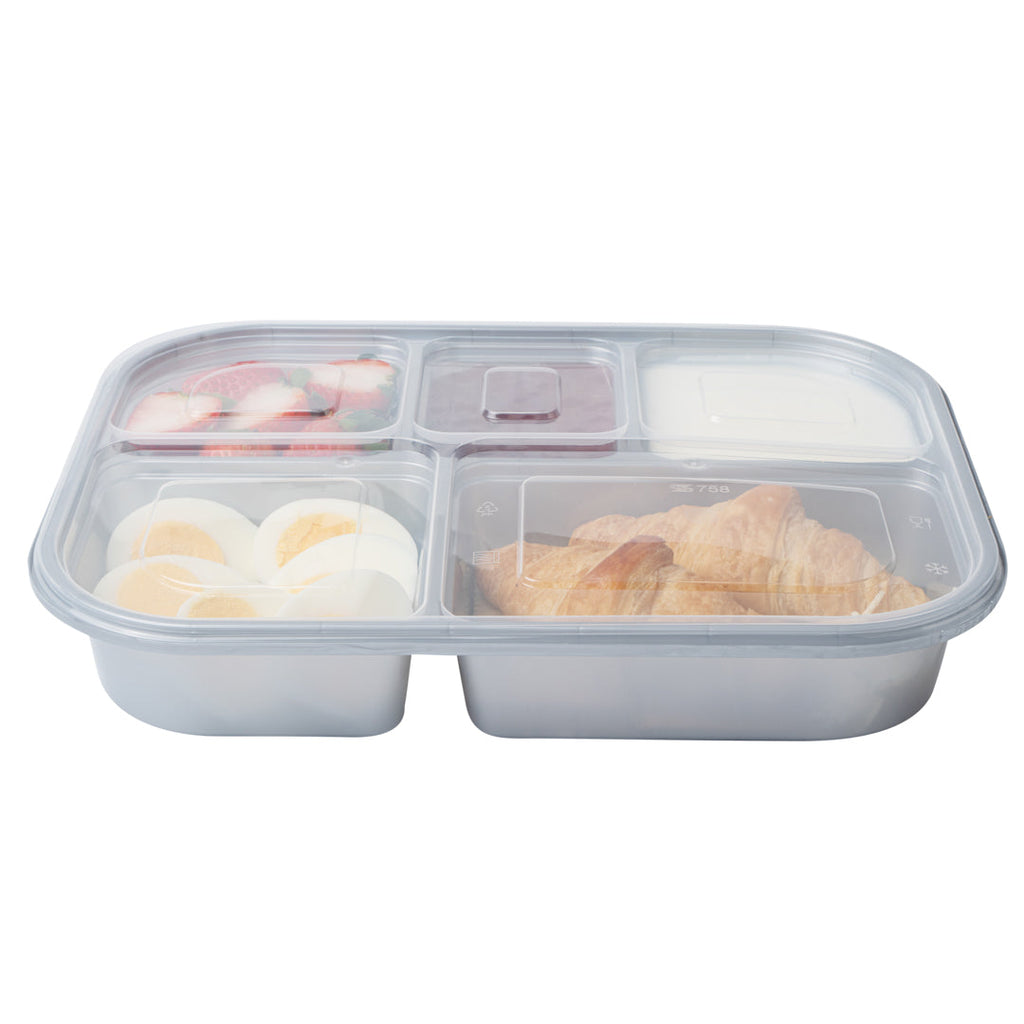 Futura 62 oz Silver Plastic Tamper-Evident 5-Compartment Container - with Clear Lid, Microwavable - 11" x 8 1/2" x 1 3/4" - 100 count box