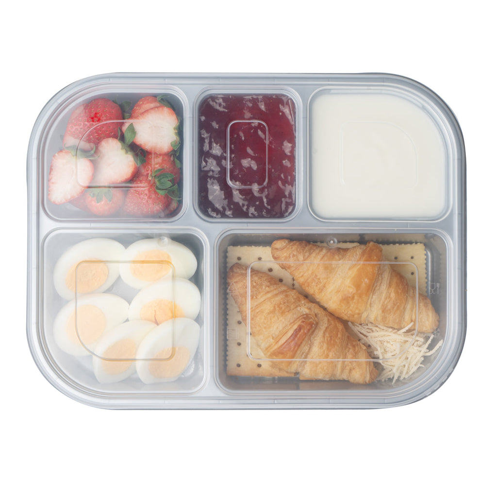 Futura 62 oz Silver Plastic Tamper-Evident 5-Compartment Container - with Clear Lid, Microwavable - 11" x 8 1/2" x 1 3/4" - 100 count box