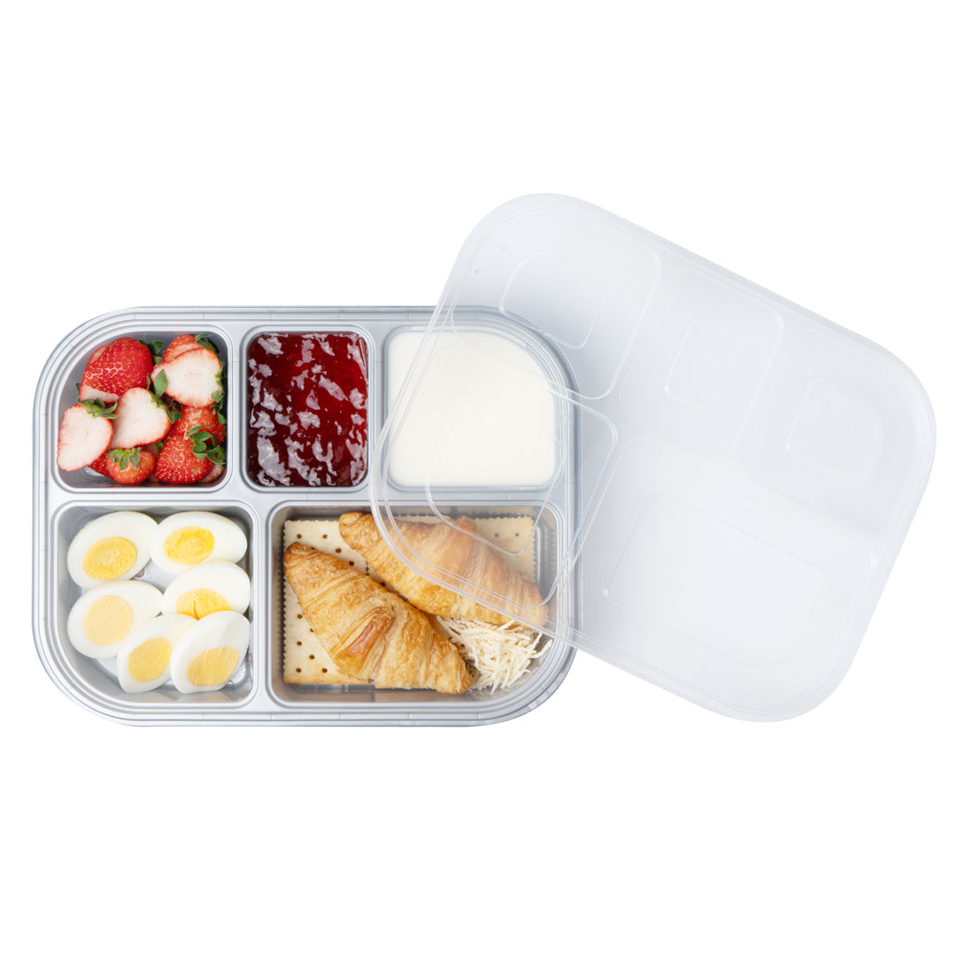 Futura 62 oz Silver Plastic Tamper-Evident 5-Compartment Container - with Clear Lid, Microwavable - 11" x 8 1/2" x 1 3/4" - 100 count box