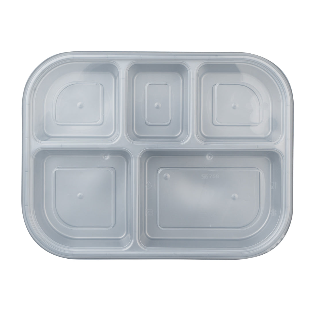 Futura 62 oz Silver Plastic Tamper-Evident 5-Compartment Container - with Clear Lid, Microwavable - 11" x 8 1/2" x 1 3/4" - 100 count box