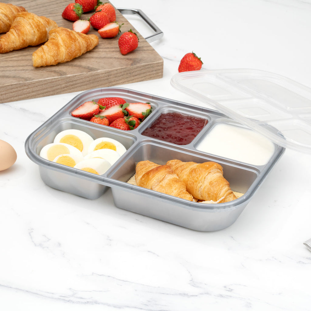 Futura 62 oz Silver Plastic Tamper-Evident 5-Compartment Container - with Clear Lid, Microwavable - 11" x 8 1/2" x 1 3/4" - 100 count box