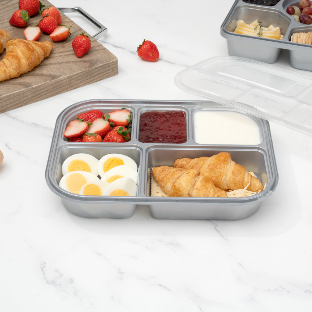 Futura 62 oz Silver Plastic Tamper-Evident 5-Compartment Container - with Clear Lid, Microwavable - 11" x 8 1/2" x 1 3/4" - 100 count box