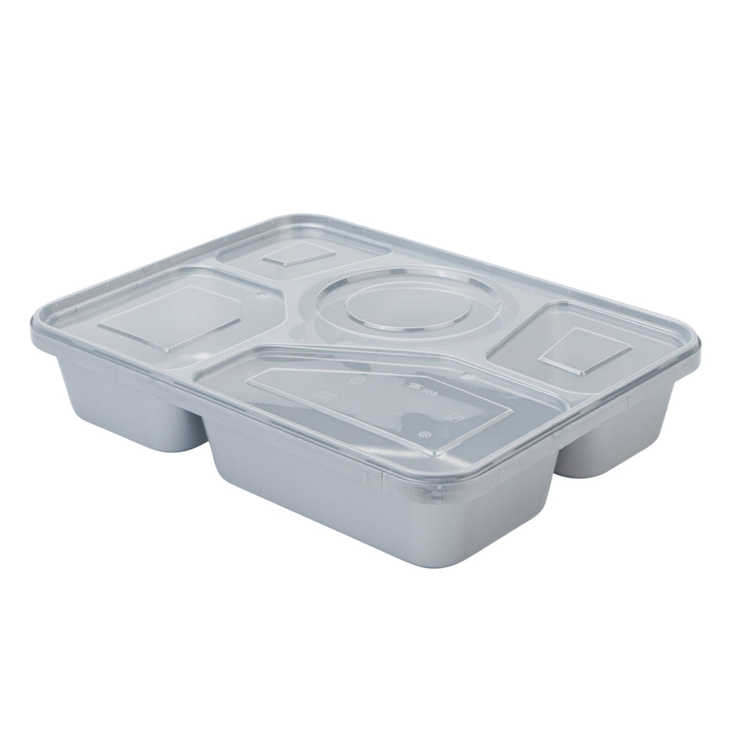 Futura 63 oz Silver Plastic Tamper-Evident 5-Compartment Container - with Clear Lid, Microwavable - 10 1/2" x 7 3/4" x 2" - 100 count box