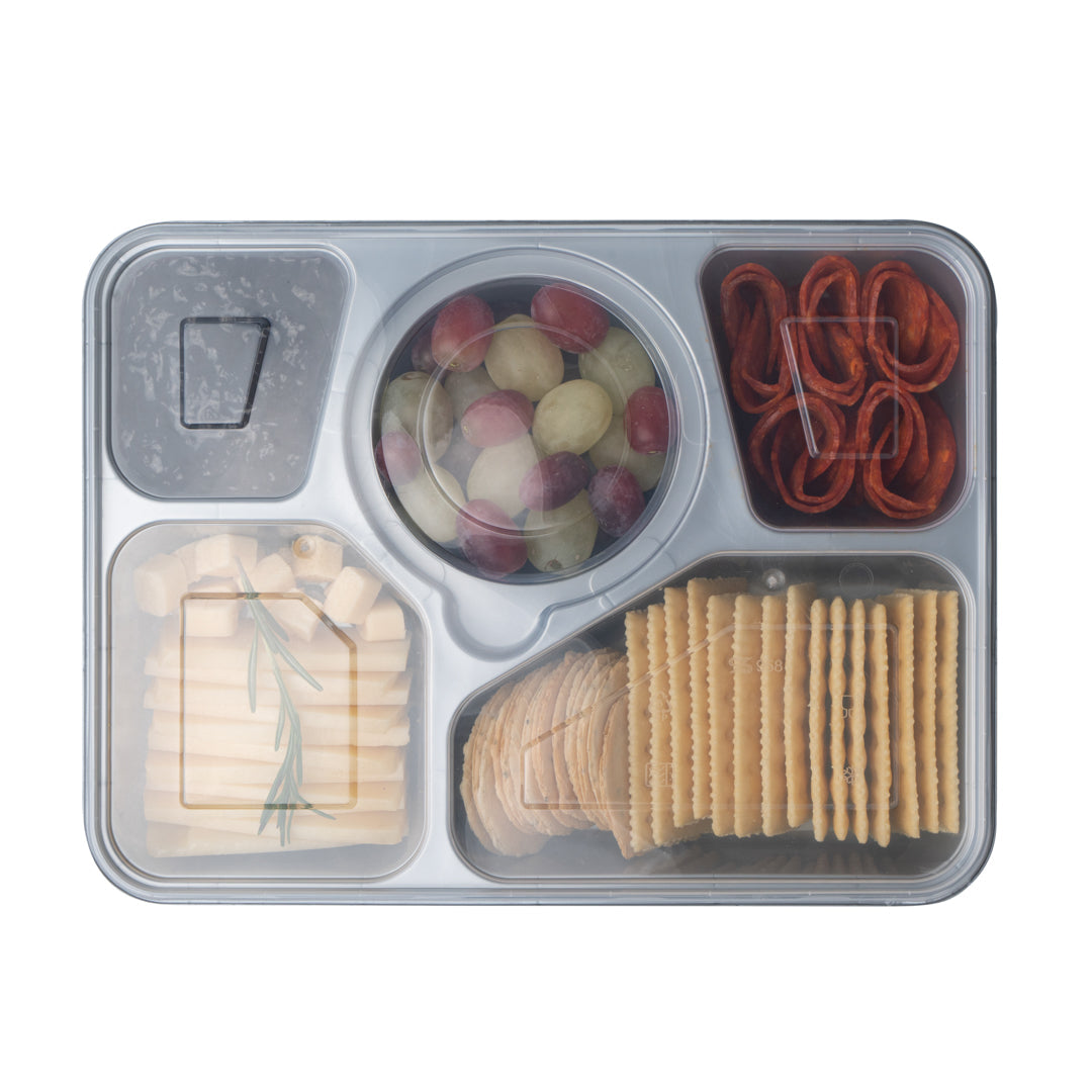 Futura 63 oz Silver Plastic Tamper-Evident 5-Compartment Container - with Clear Lid, Microwavable - 10 1/2" x 7 3/4" x 2" - 100 count box