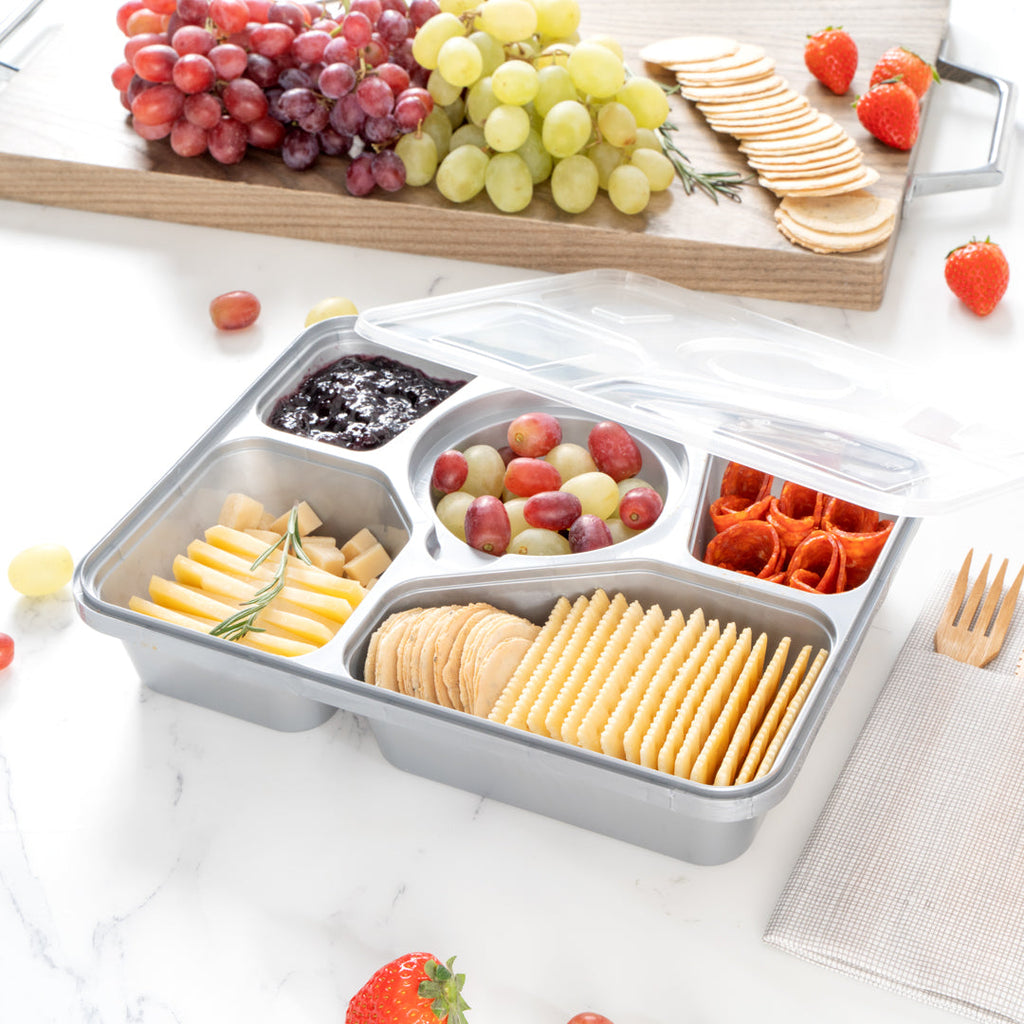 Futura 63 oz Silver Plastic Tamper-Evident 5-Compartment Container - with Clear Lid, Microwavable - 10 1/2" x 7 3/4" x 2" - 100 count box