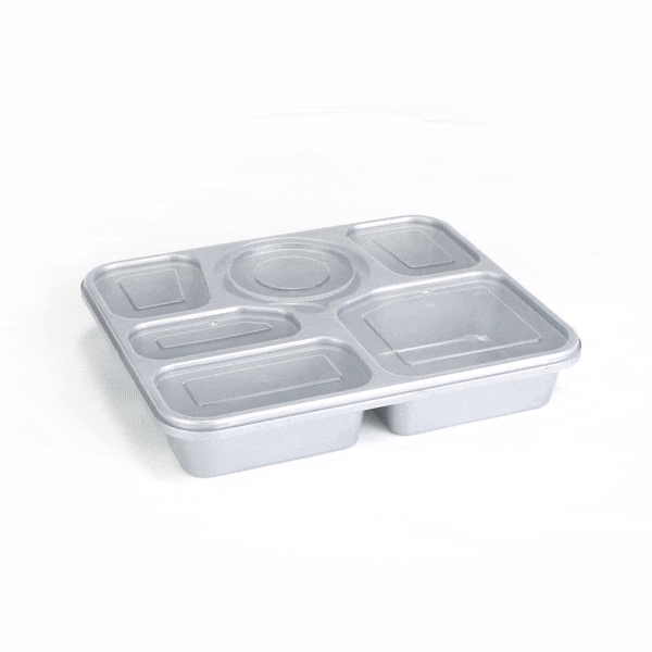 Futura 51 oz Silver Plastic Tamper-Evident 6-Compartment Container - with Clear Lid, Microwavable - 10 1/2" x 7 3/4" x 2" - 100 count box