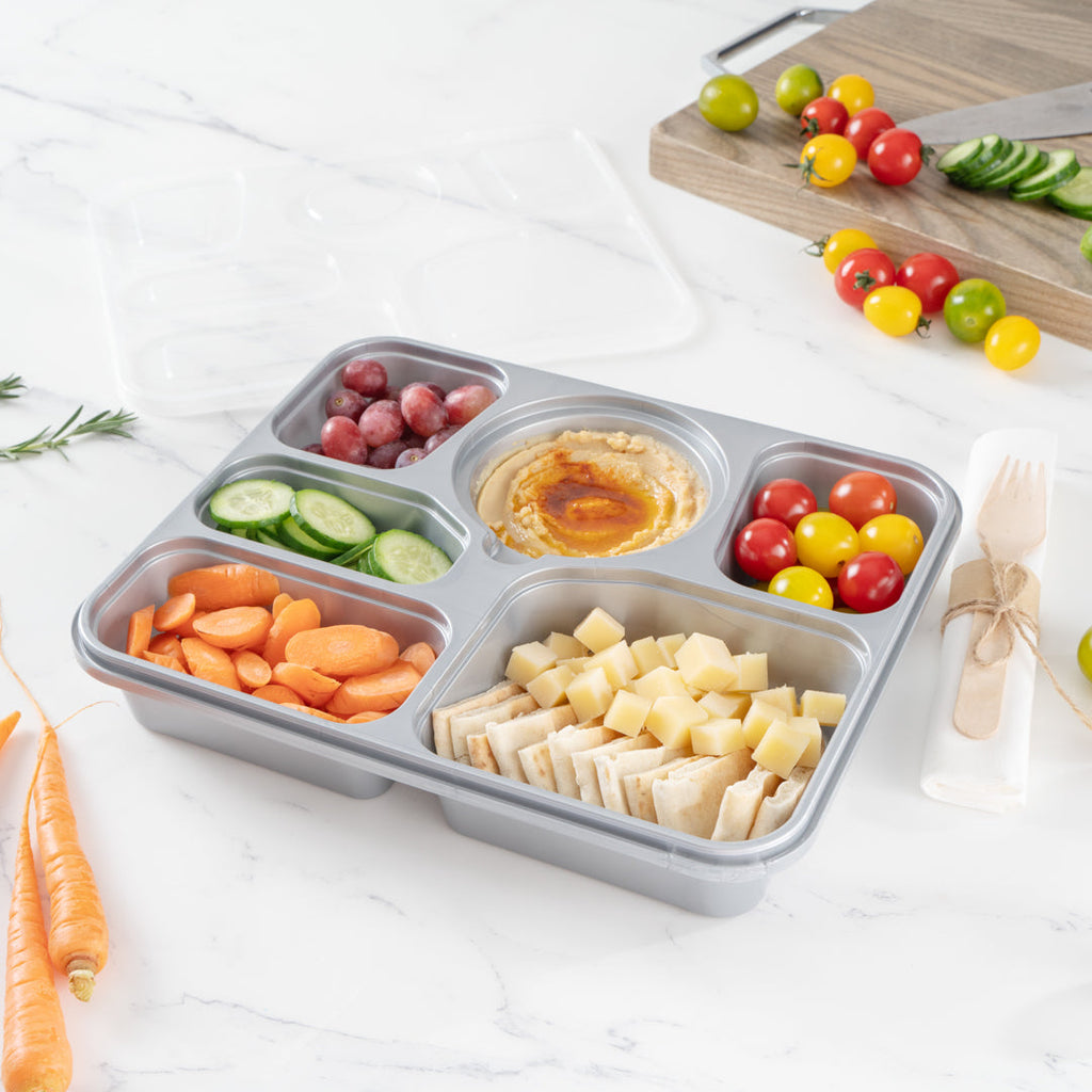 Futura 51 oz Silver Plastic Tamper-Evident 6-Compartment Container - with Clear Lid, Microwavable - 10 1/2" x 7 3/4" x 2" - 100 count box