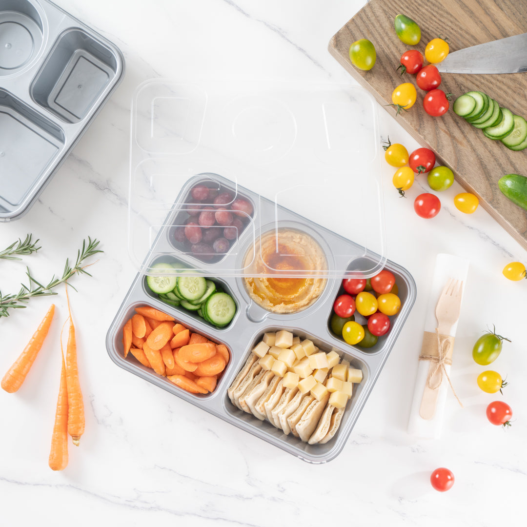 Futura 51 oz Silver Plastic Tamper-Evident 6-Compartment Container - with Clear Lid, Microwavable - 10 1/2" x 7 3/4" x 2" - 100 count box