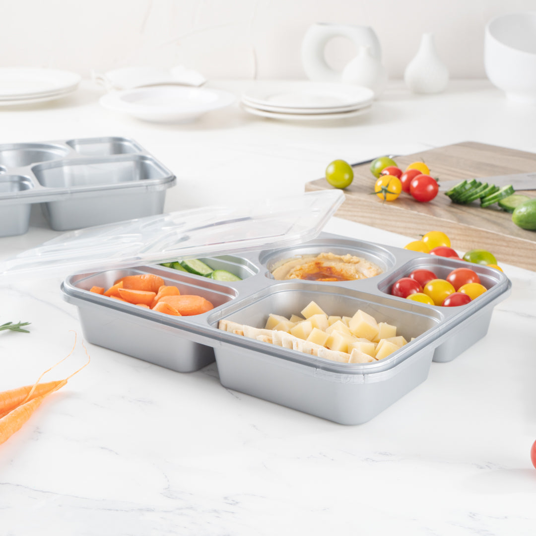 Futura 51 oz Silver Plastic Tamper-Evident 6-Compartment Container - with Clear Lid, Microwavable - 10 1/2" x 7 3/4" x 2" - 100 count box