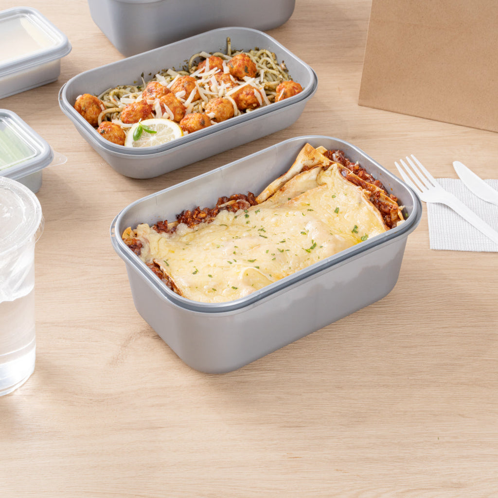 Futura 68 oz Matte Gray Plastic Tamper-Evident Take Out Container - with Lid, Microwavable - 8 3/4" x 6" x 3 3/4" - 100 count box