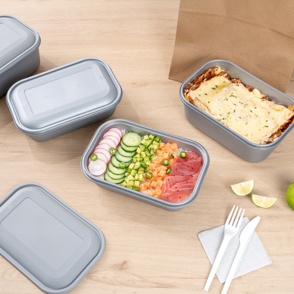 Futura 46 oz Matte Gray Plastic Tamper-Evident Container - with Lid, Microwavable, Inserts Available - 8 3/4" x 6" x 3" - 100 count box
