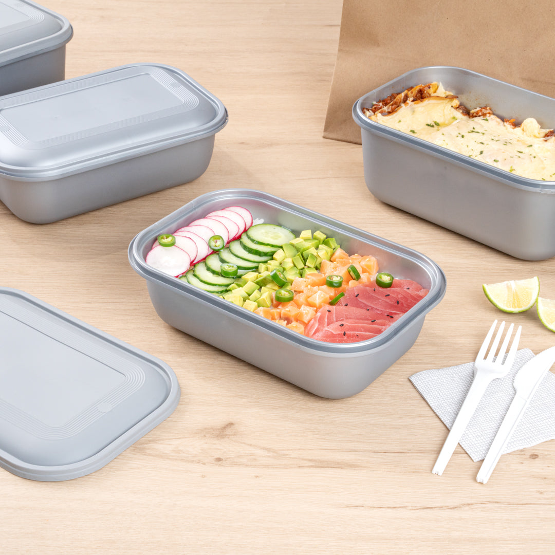 Futura 46 oz Matte Gray Plastic Tamper-Evident Container - with Lid, Microwavable, Inserts Available - 8 3/4" x 6" x 3" - 100 count box