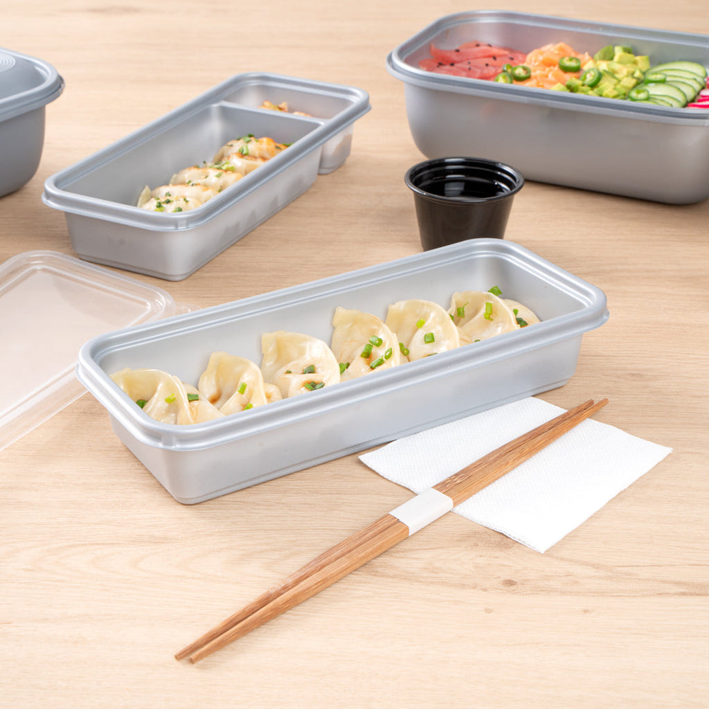 Futura 20 oz Silver Plastic Catering Container - with Clear Lid, Microwavable - 8 3/4" x 3 3/4" x 1 3/4" - 100 count box