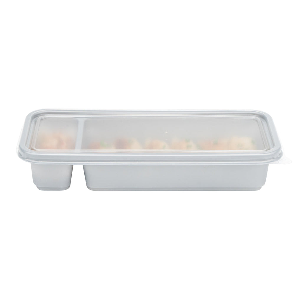 Futura 20 oz Silver Plastic 2-Compartment Catering Container - with Clear Lid, Microwavable - 8 3/4" x 3 3/4" x 1 3/4" - 100 count box