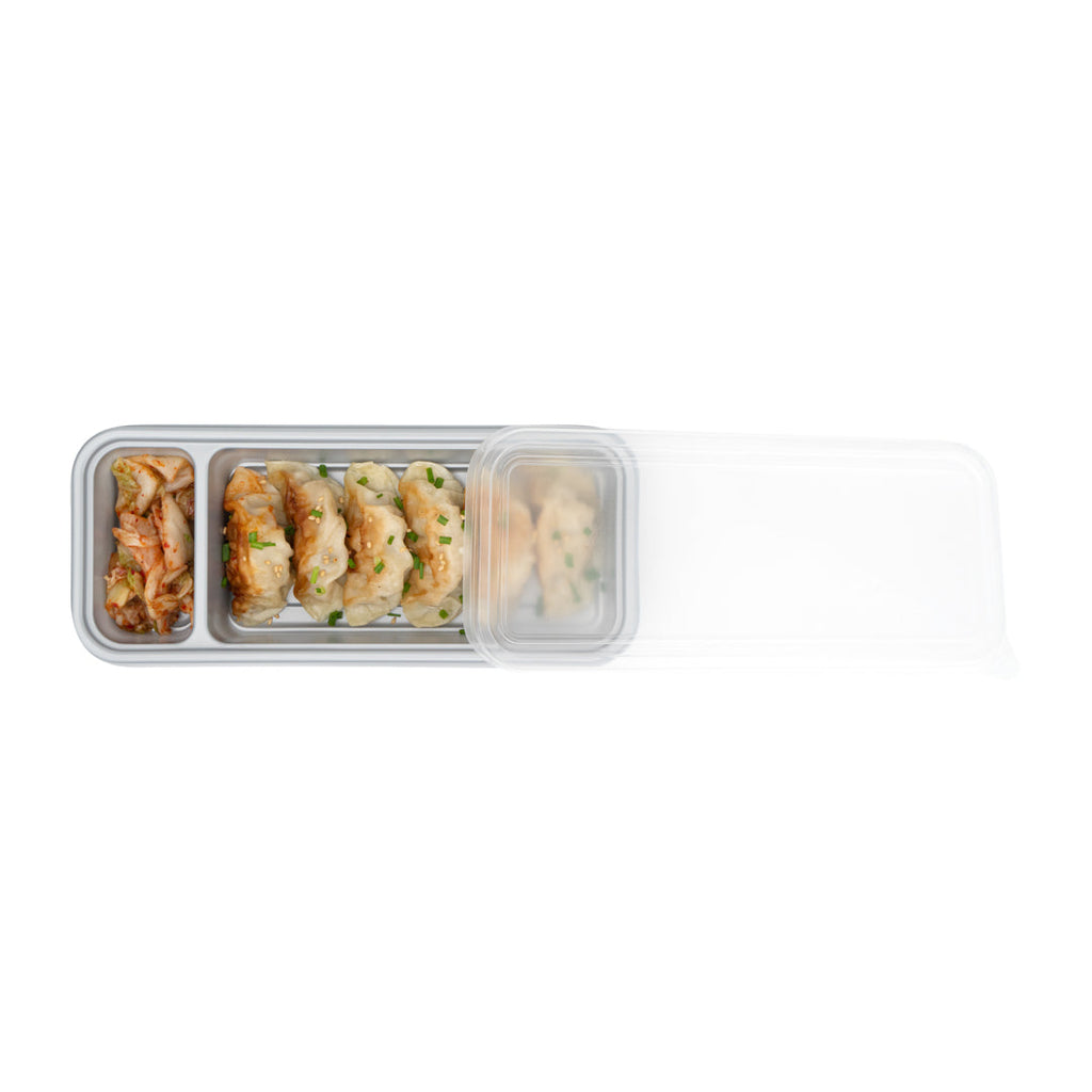 Futura 20 oz Silver Plastic 2-Compartment Catering Container - with Clear Lid, Microwavable - 8 3/4" x 3 3/4" x 1 3/4" - 100 count box