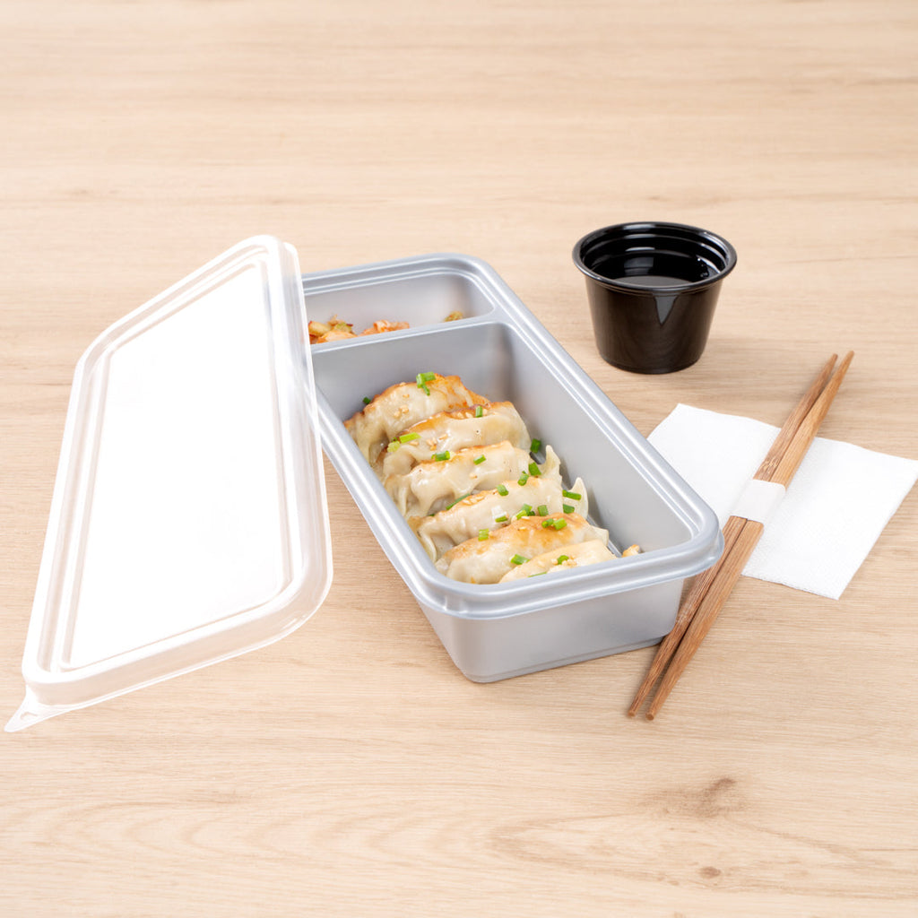 Futura 20 oz Silver Plastic 2-Compartment Catering Container - with Clear Lid, Microwavable - 8 3/4" x 3 3/4" x 1 3/4" - 100 count box