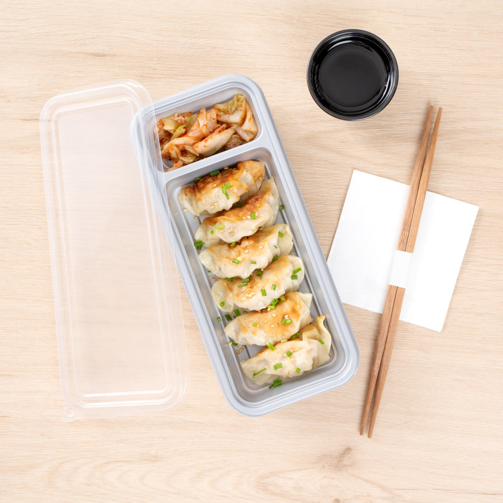 Futura 20 oz Silver Plastic 2-Compartment Catering Container - with Clear Lid, Microwavable - 8 3/4" x 3 3/4" x 1 3/4" - 100 count box
