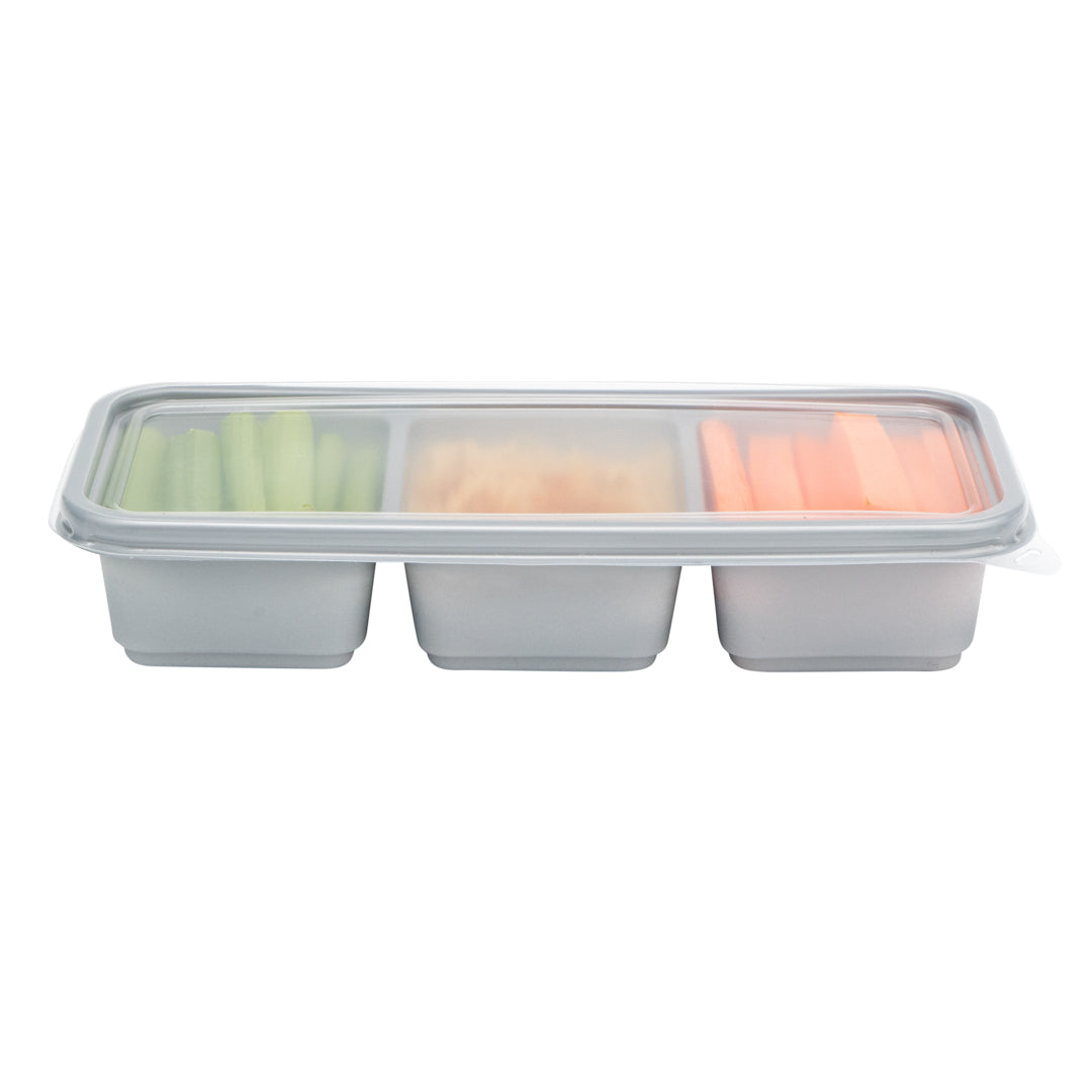 Futura 20 oz Silver Plastic 3-Compartment Catering Container - with Clear Lid, Microwavable - 8 3/4" x 3 3/4" x 1 3/4" - 100 count box