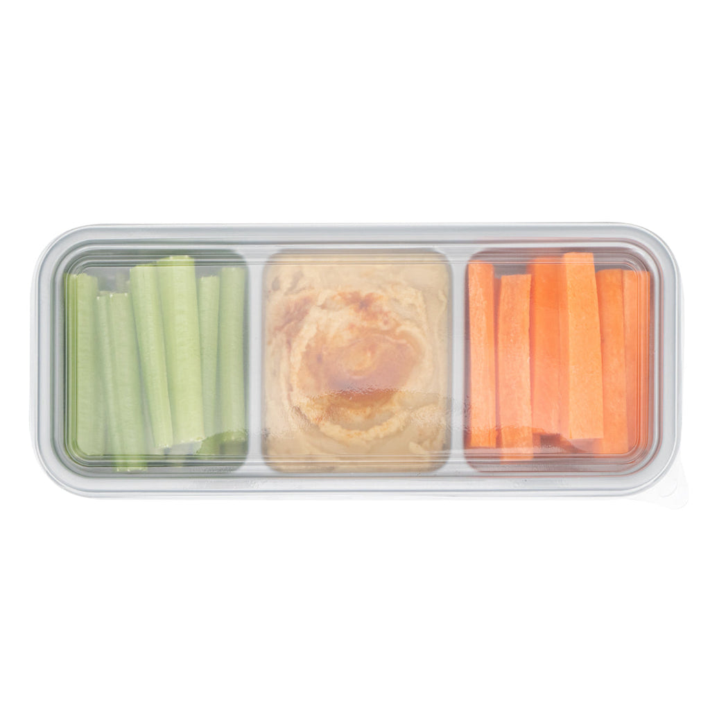 Futura 20 oz Silver Plastic 3-Compartment Catering Container - with Clear Lid, Microwavable - 8 3/4" x 3 3/4" x 1 3/4" - 100 count box