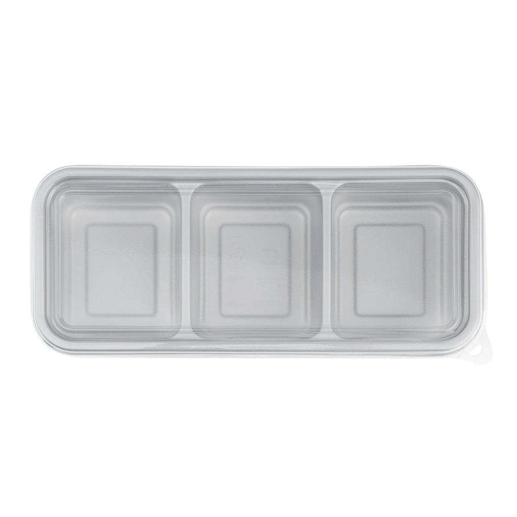Futura 20 oz Silver Plastic 3-Compartment Catering Container - with Clear Lid, Microwavable - 8 3/4" x 3 3/4" x 1 3/4" - 100 count box