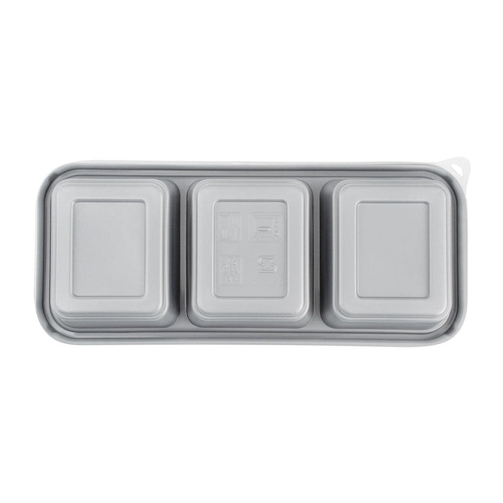 Futura 20 oz Silver Plastic 3-Compartment Catering Container - with Clear Lid, Microwavable - 8 3/4" x 3 3/4" x 1 3/4" - 100 count box