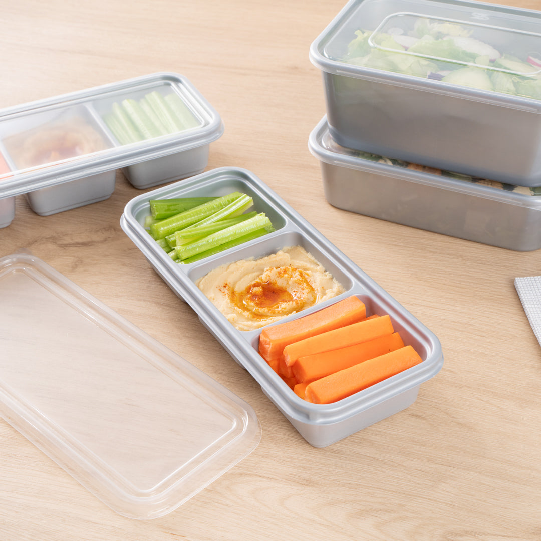 Futura 20 oz Silver Plastic 3-Compartment Catering Container - with Clear Lid, Microwavable - 8 3/4" x 3 3/4" x 1 3/4" - 100 count box