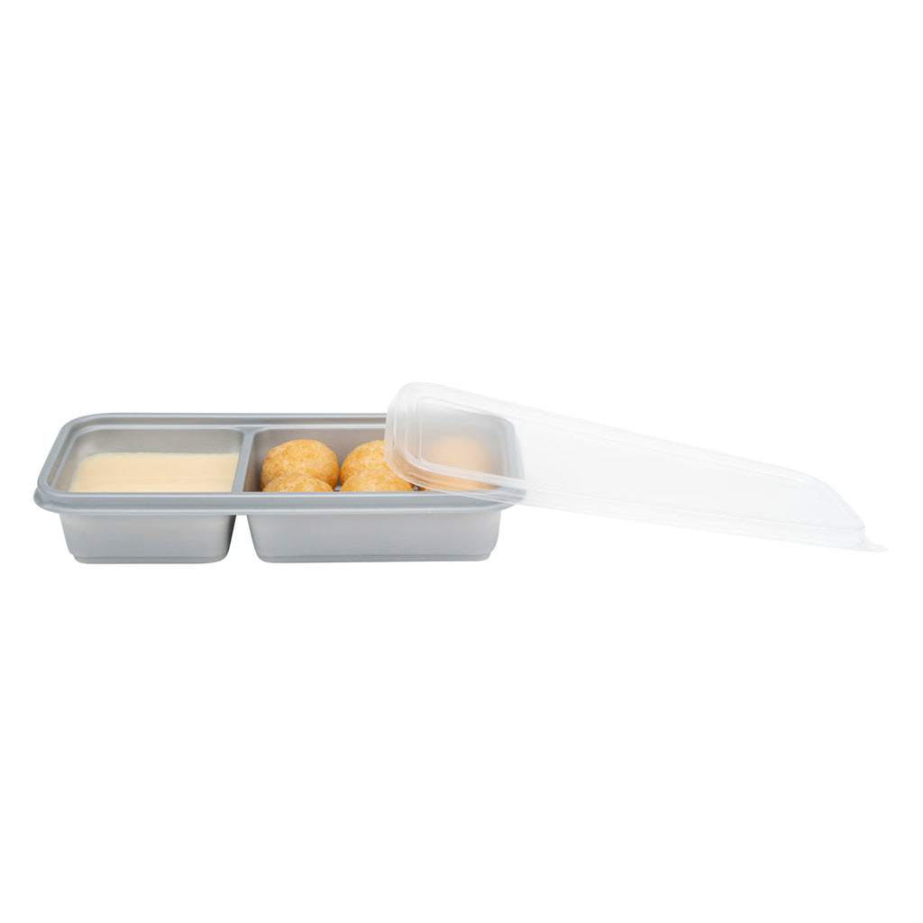 Futura 20 oz Silver Plastic Wide 2-Compartment Catering Container - with Clear Lid, Microwavable - 8 3/4" x 3 3/4" x 1 3/4" - 100 count box