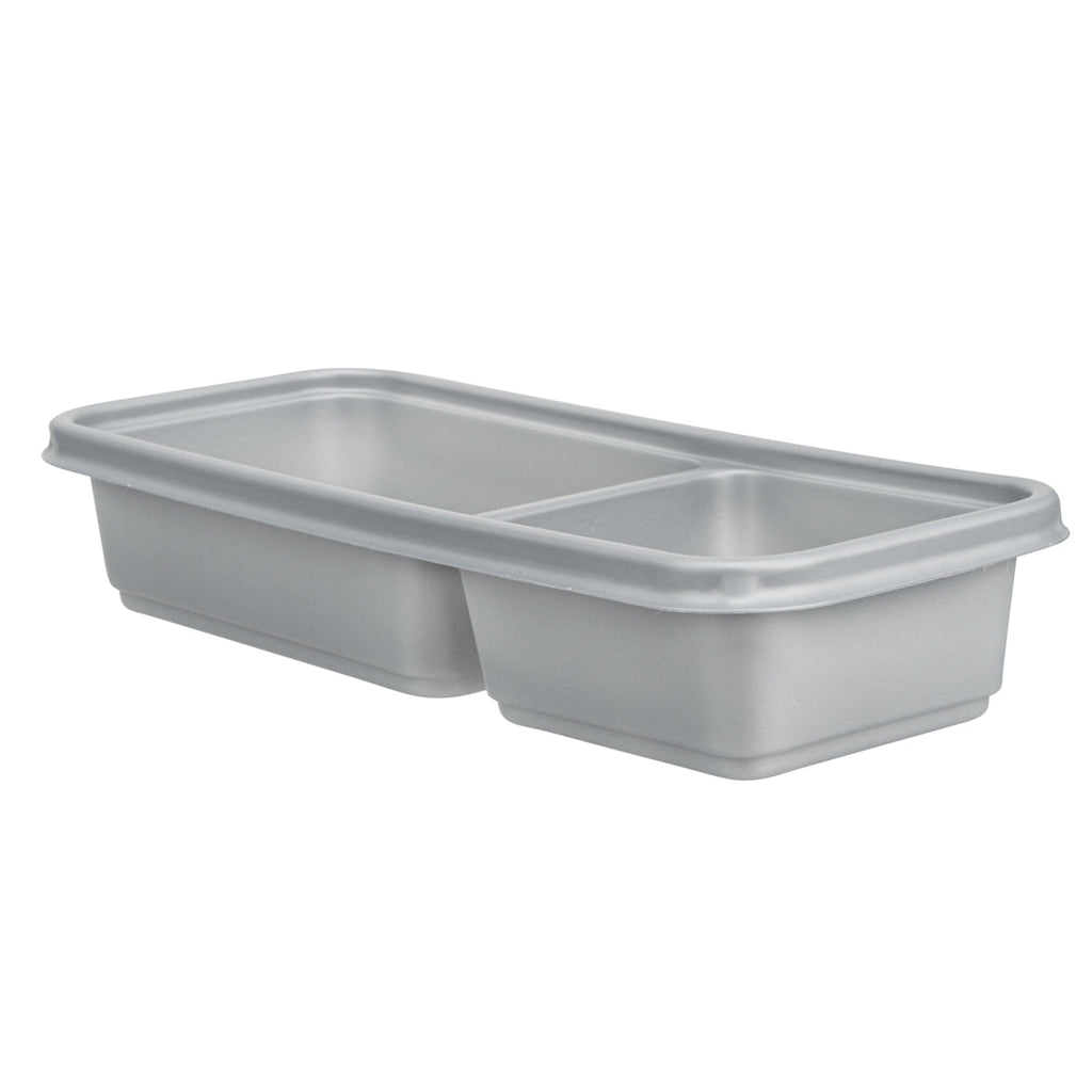 Futura 20 oz Silver Plastic Wide 2-Compartment Catering Container - with Clear Lid, Microwavable - 8 3/4" x 3 3/4" x 1 3/4" - 100 count box