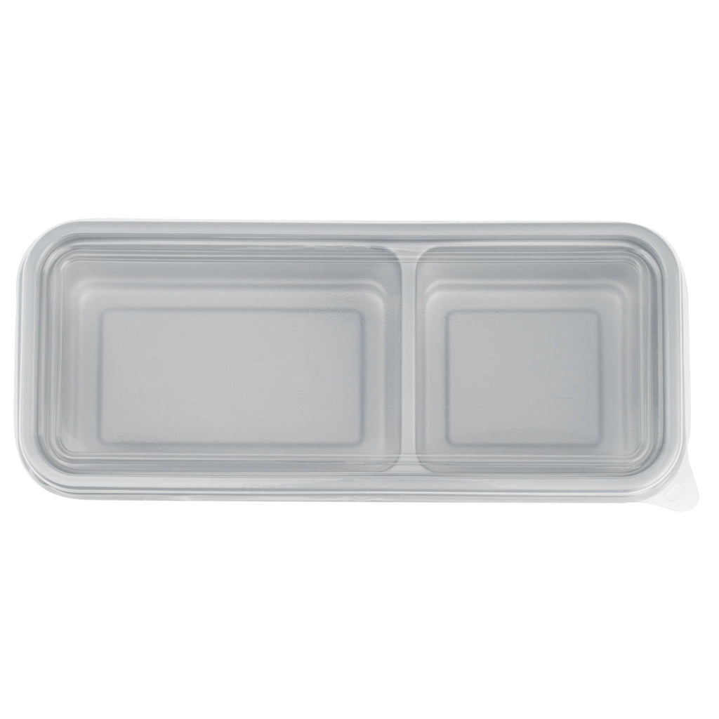 Futura 20 oz Silver Plastic Wide 2-Compartment Catering Container - with Clear Lid, Microwavable - 8 3/4" x 3 3/4" x 1 3/4" - 100 count box