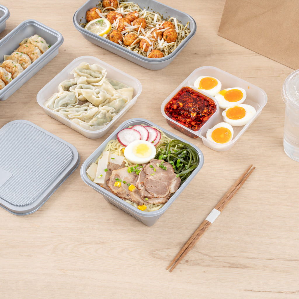 Futura 34 oz Silver Plastic Take Out Bowl - with Lid, Microwavable, Inserts Available - 6" x 6" x 3 1/4" - 100 count box