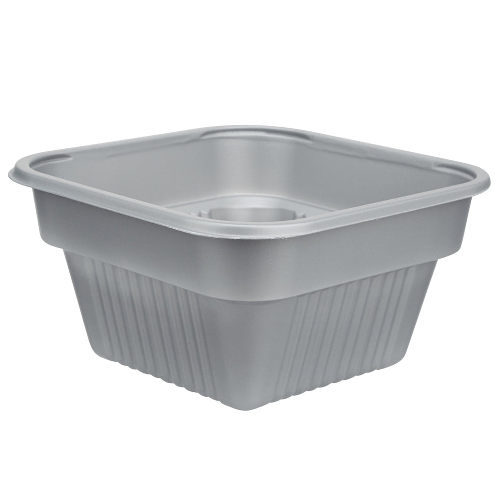 Futura 34 oz Silver Plastic Take Out Bowl - with Lid, Microwavable, Inserts Available - 6" x 6" x 3 1/4" - 100 count box