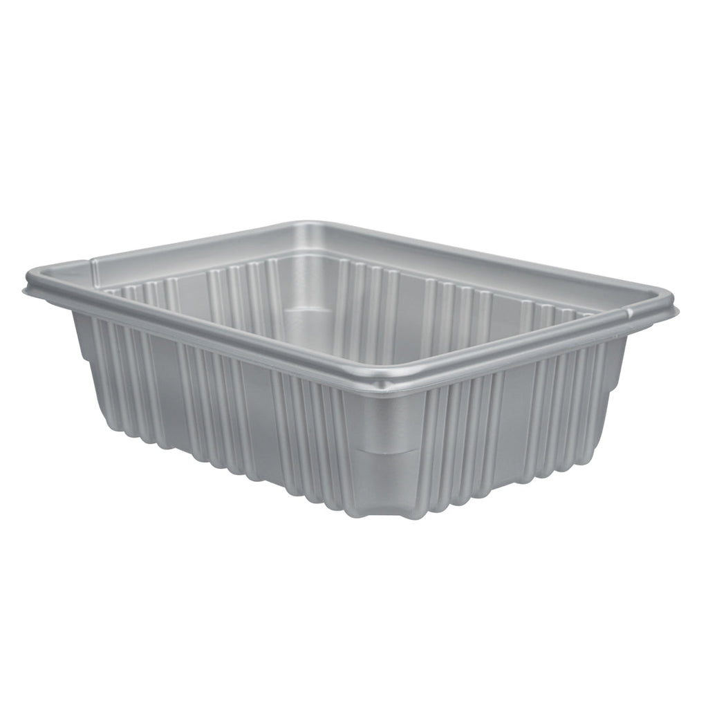 Futura 34 oz Silver Plastic Take Out Box - with Clear Lid, Microwavable, Inserts Available - 8 1/4" x 6" x 2 1/2" - 100 count box