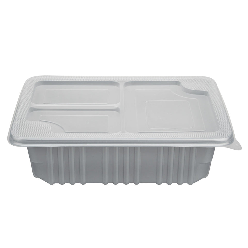 Futura 34 oz Silver Plastic Take Out Box - with Clear Lid, Microwavable, Inserts Available - 8 1/4" x 6" x 2 1/2" - 100 count box