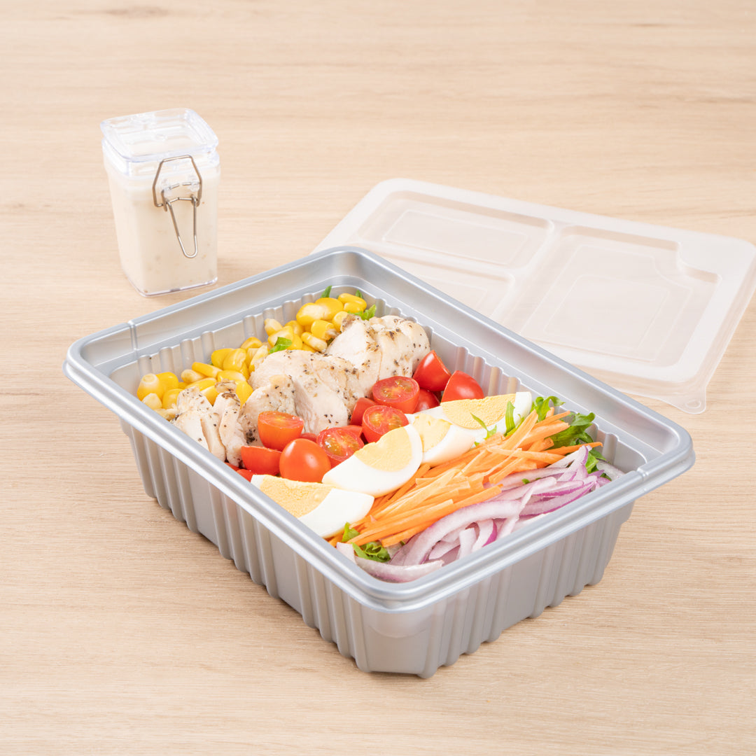 Futura 34 oz Silver Plastic Take Out Box - with Clear Lid, Microwavable, Inserts Available - 8 1/4" x 6" x 2 1/2" - 100 count box