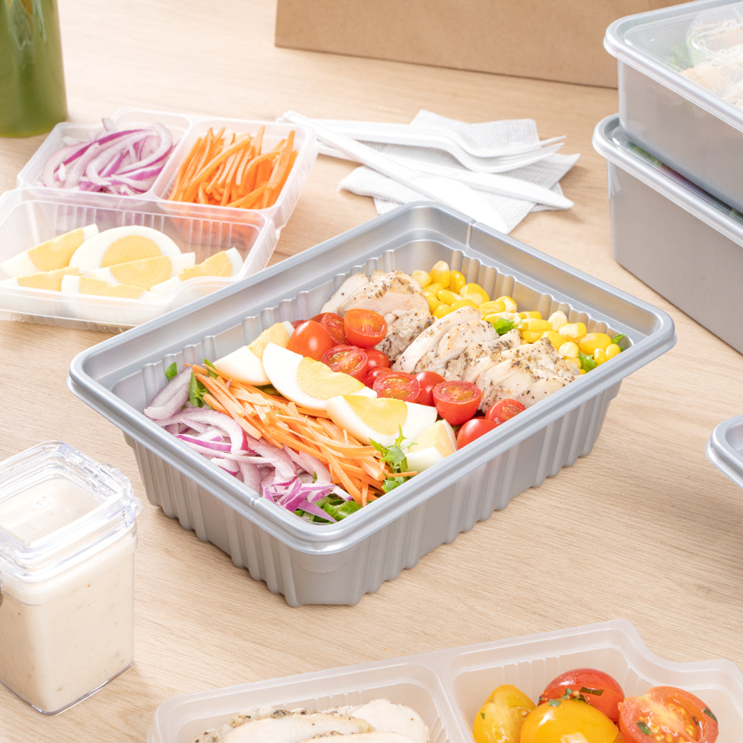 Futura 34 oz Silver Plastic Take Out Box - with Clear Lid, Microwavable, Inserts Available - 8 1/4" x 6" x 2 1/2" - 100 count box