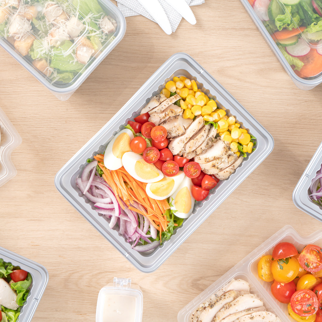 Futura 34 oz Silver Plastic Take Out Box - with Clear Lid, Microwavable, Inserts Available - 8 1/4" x 6" x 2 1/2" - 100 count box