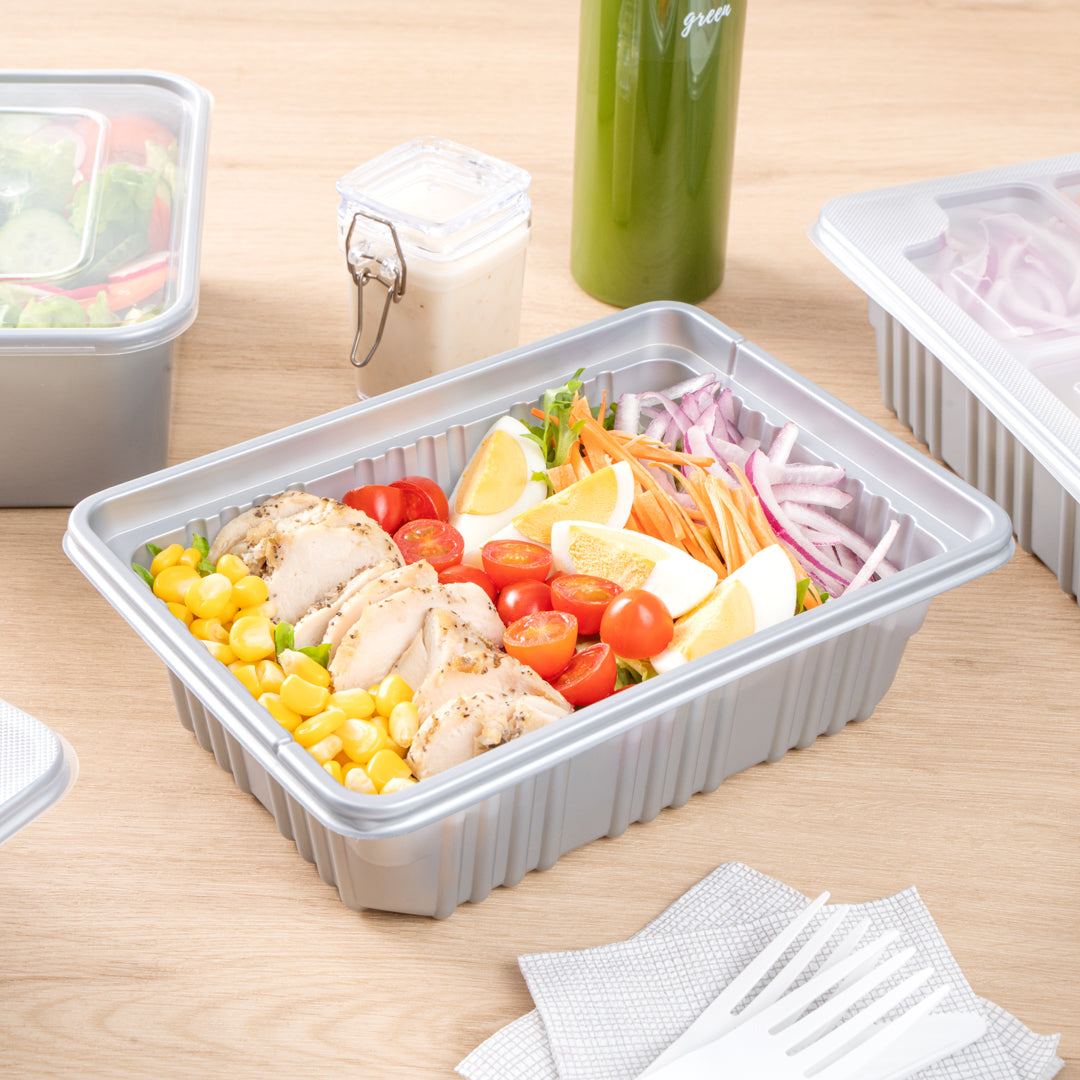 Futura 34 oz Silver Plastic Take Out Box - with Clear Lid, Microwavable, Inserts Available - 8 1/4" x 6" x 2 1/2" - 100 count box
