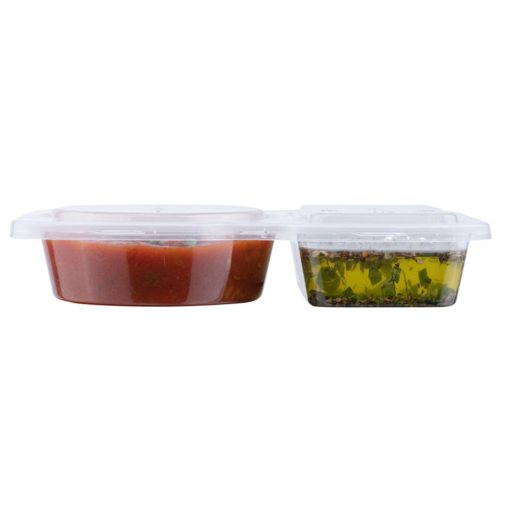 Futura 5 oz Clear Plastic Sauce Container - with Hinged Lid, 2-Compartment, Microwavable - 4" x 3 1/4" x 1" - 100 count box