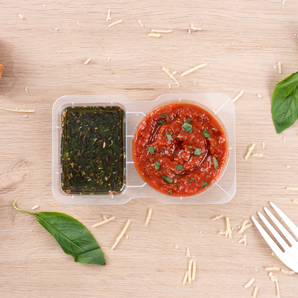 Futura 5 oz Clear Plastic Sauce Container - with Hinged Lid, 2-Compartment, Microwavable - 4" x 3 1/4" x 1" - 100 count box