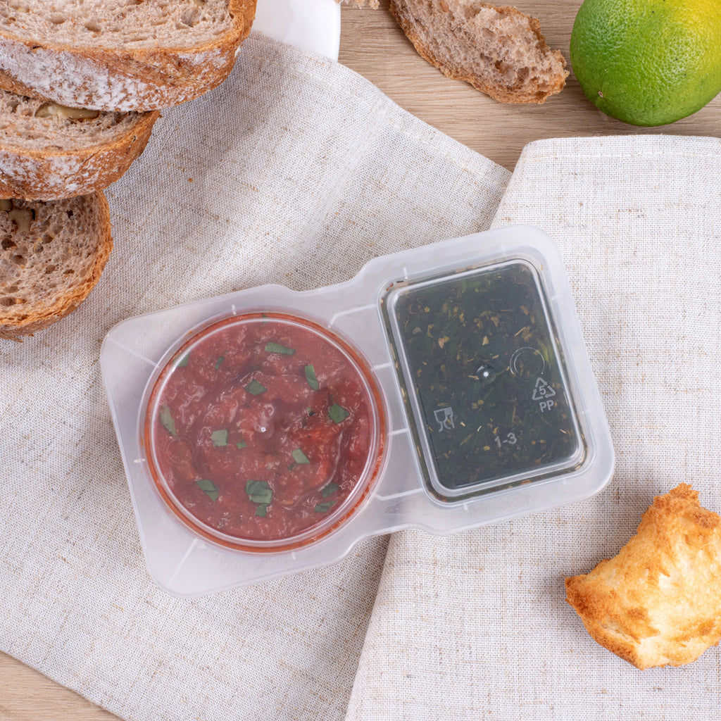 Futura 5 oz Clear Plastic Sauce Container - with Hinged Lid, 2-Compartment, Microwavable - 4" x 3 1/4" x 1" - 500 count box