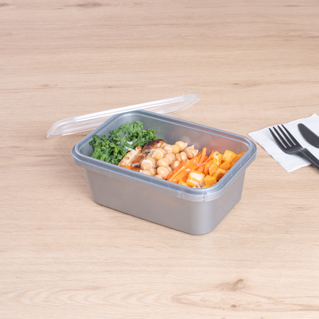 Futura 35 oz Silver Plastic Tamper-Evident Container - with Clear Lid, Microwavable - 7" x 4 3/4" x 2 3/4" - 100 count box