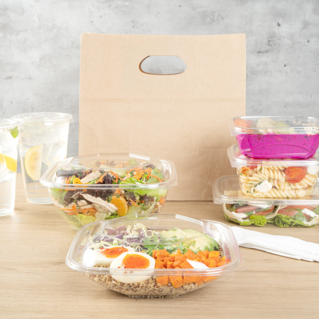 Thermo Tek 25 oz Square Clear Plastic Take Out Salad Bowl - with Lid, Anti-Fog - 7 1/2" x 7 1/2" x 2 3/4" - 100 count box
