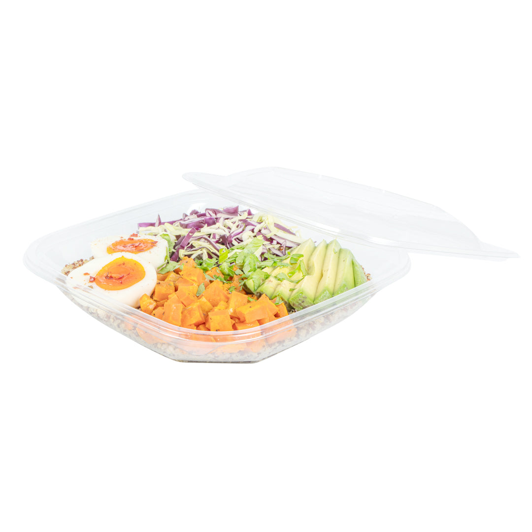 Thermo Tek 25 oz Square Clear Plastic Take Out Salad Bowl - with Lid, Anti-Fog - 7 1/2" x 7 1/2" x 2 3/4" - 100 count box