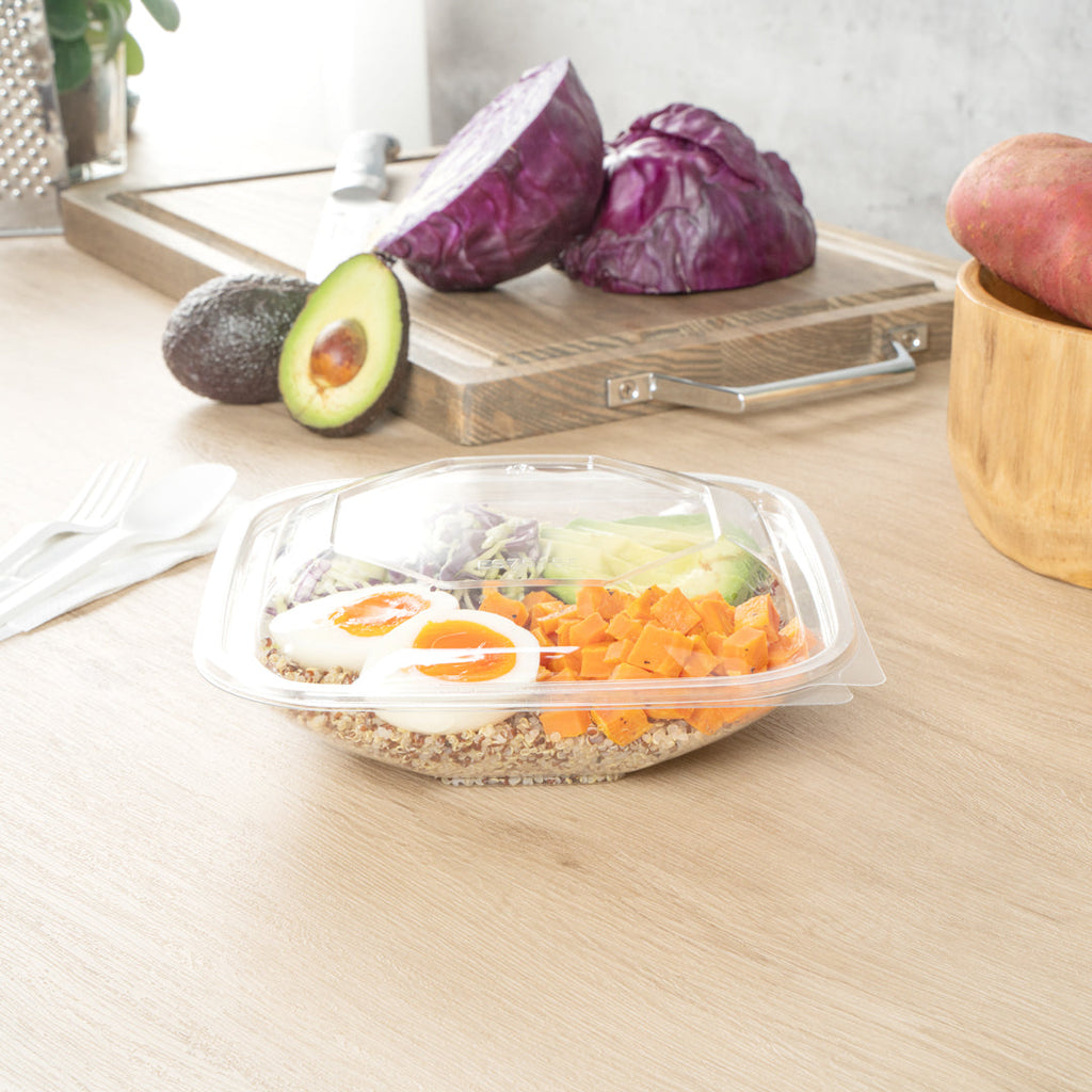 Thermo Tek 25 oz Square Clear Plastic Take Out Salad Bowl - with Lid, Anti-Fog - 7 1/2" x 7 1/2" x 2 3/4" - 100 count box