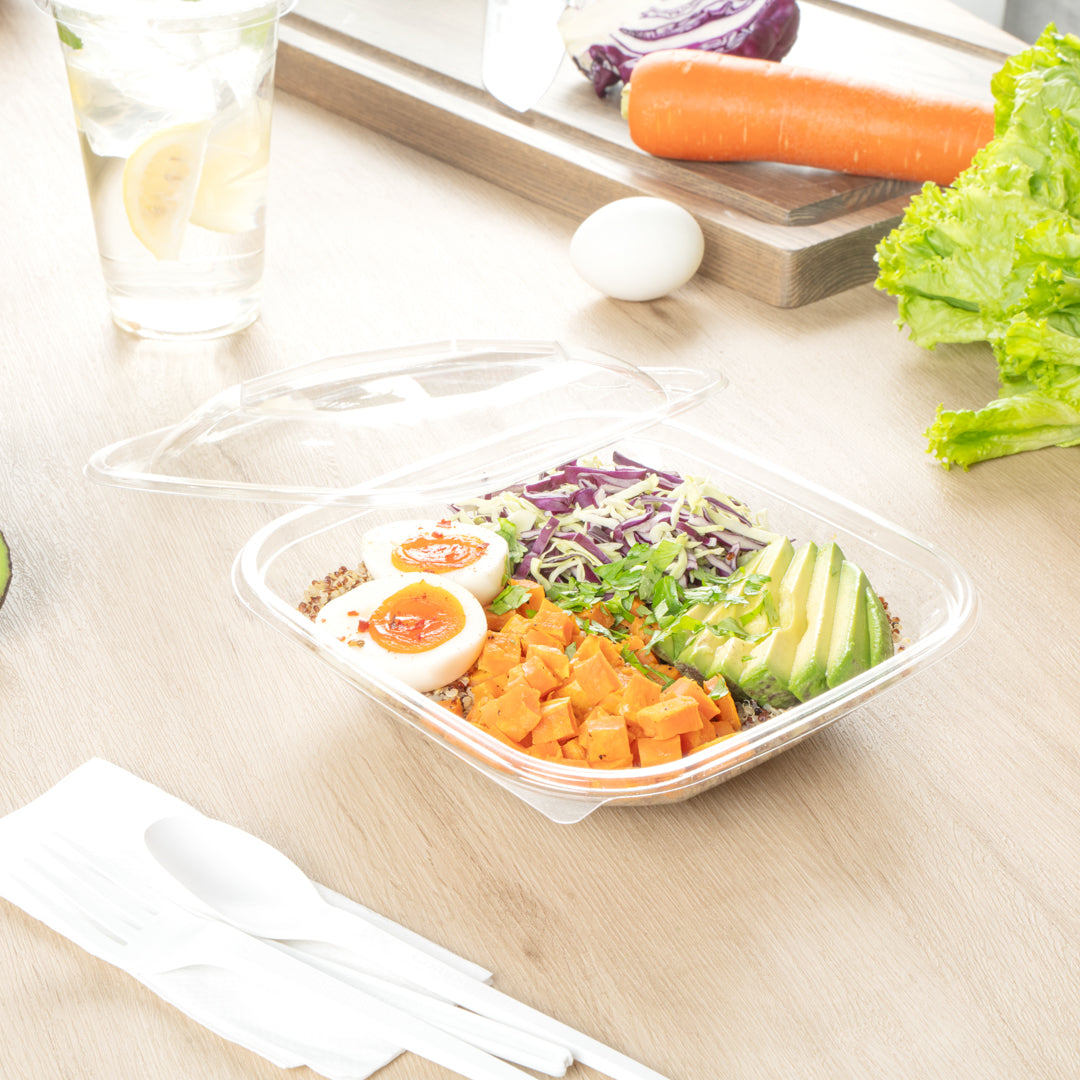 Thermo Tek 25 oz Square Clear Plastic Take Out Salad Bowl - with Lid, Anti-Fog - 7 1/2" x 7 1/2" x 2 3/4" - 100 count box
