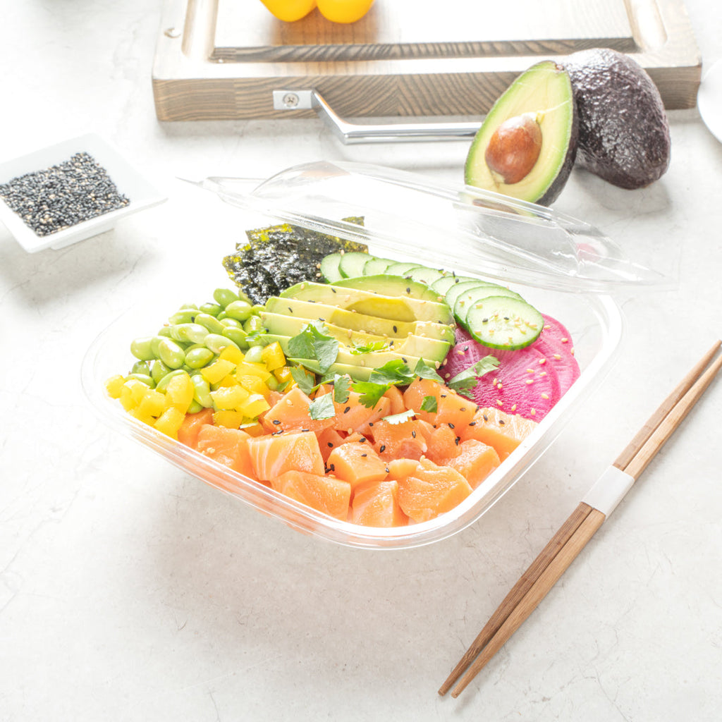 Thermo Tek 34 oz Square Clear Plastic Take Out Salad Bowl - with Lid, Anti-Fog - 7 1/2" x 7 1/2" x 3" - 100 count box