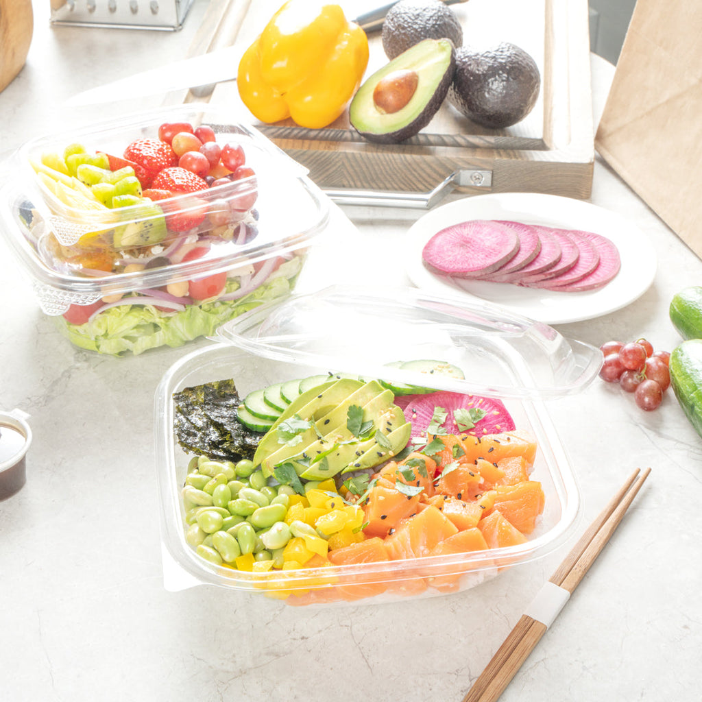 Thermo Tek 34 oz Square Clear Plastic Take Out Salad Bowl - with Lid, Anti-Fog - 7 1/2" x 7 1/2" x 3" - 100 count box